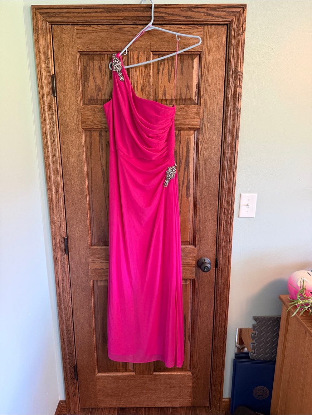 Alex Evenings One-Shoulder Hot Pink Evening Gown with Rhinestone Embellishments